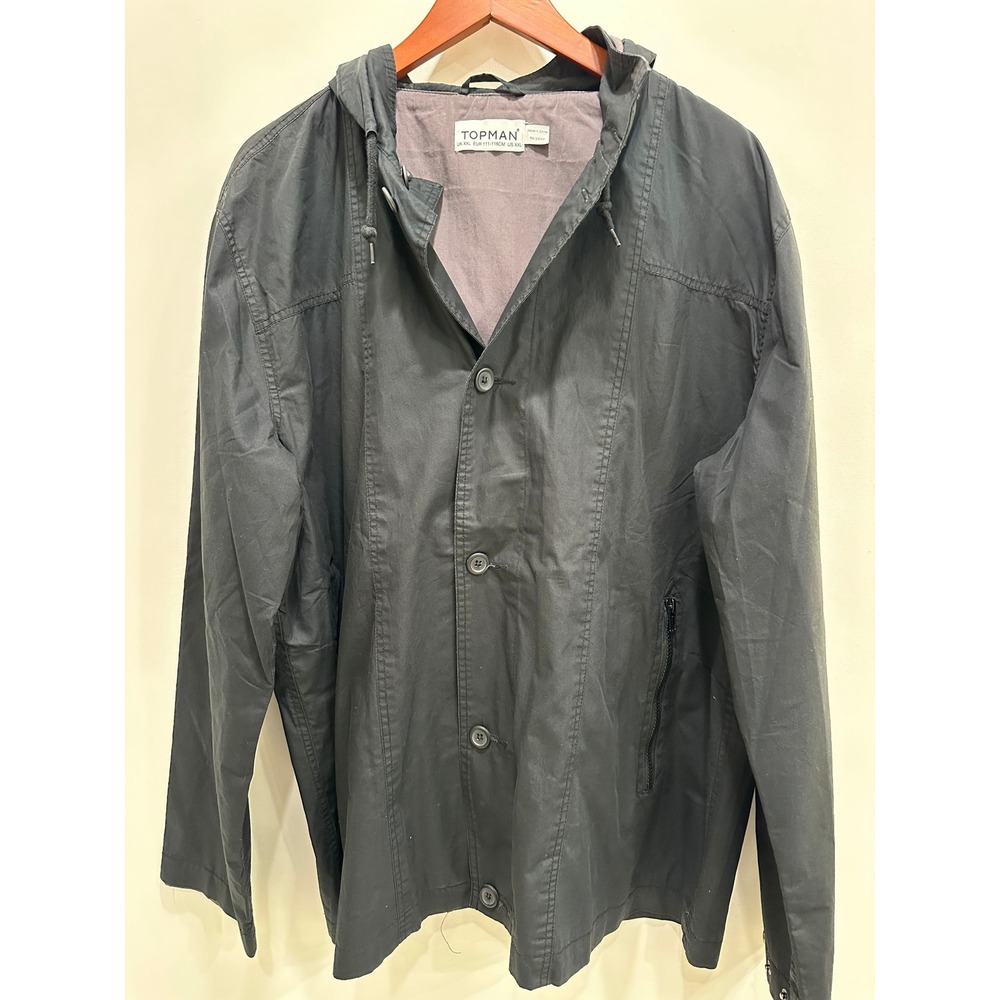 Topman Mens XXL Black Hooded Jacket Button Front Lightweight 64U83WBLK 5600